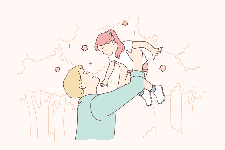 아빠가 딸을 하늘로 높이 들고 있는 모습 일러스트 - 게티이미지